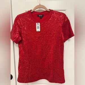 DKNY Red Sequin Short Sleeve Tee